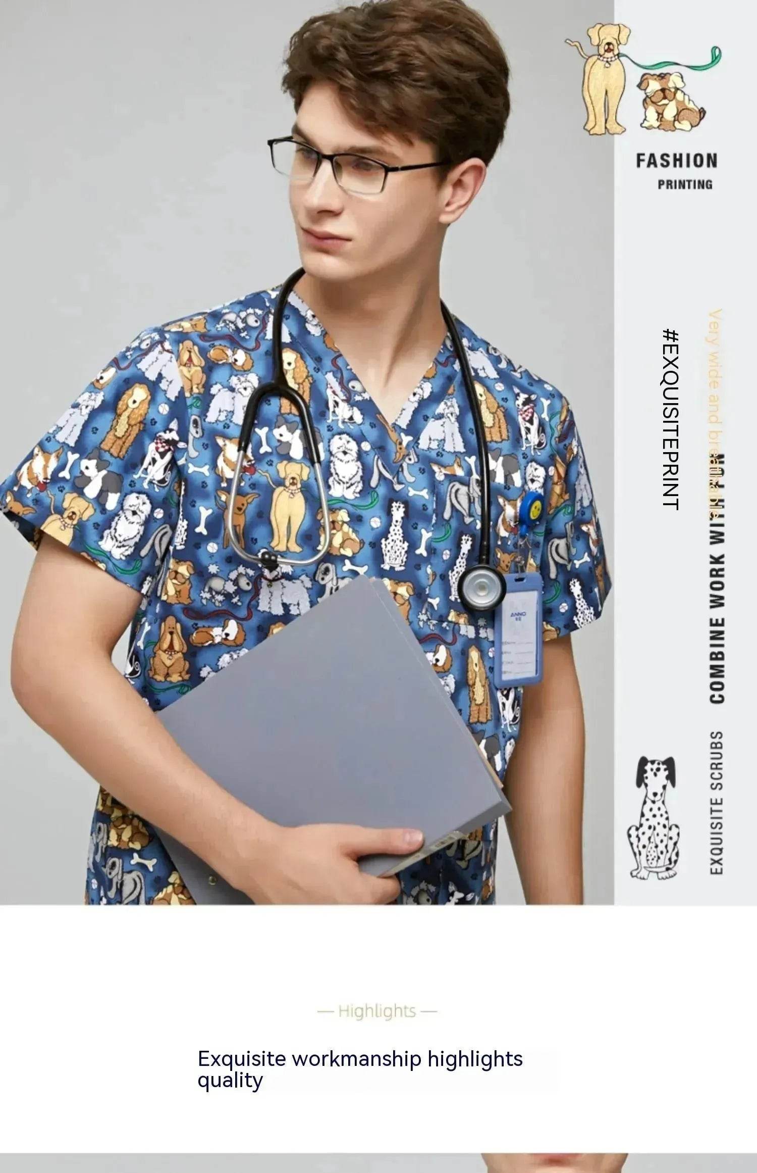 Surgical Gown Printed V-neck Pet Doctor Beauty Hospital Work Clothes Flower Dog Blue - www.Shopthatapp.com