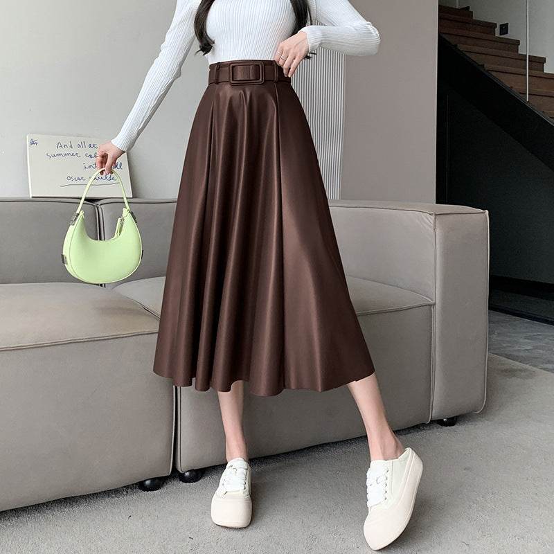 Elegant women High waist Flared Midi PU Leather skirt - www.Shopthatapp.com