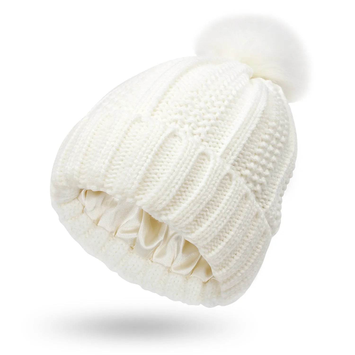 Stretchy Satin Lined Skull Knit  Faux Fur Pom Pom Beanie Hat - www.Shopthatapp.com
