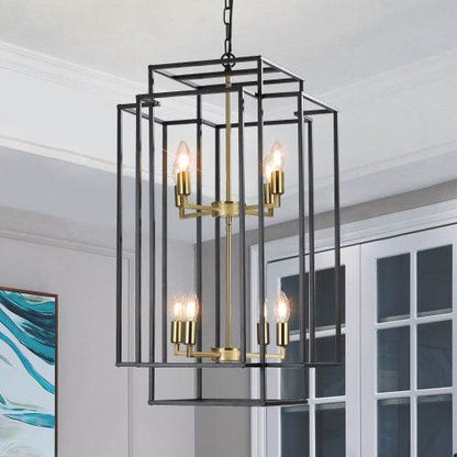 8 Lights Black & Gold Lantern Tiered Chandelier, Industrial Farmhouse Chandelier - No Bulbs - www.Shopthatapp.com
