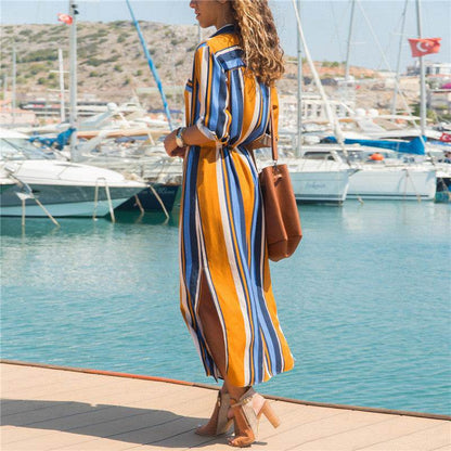 Stripe Shirt Women's Dress Spring Summer Chiffon V-neck Sexy Maxi Dresses Sexy Elegant Casual Girl Lace Women Long Sleeve - www.Shopthatapp.com