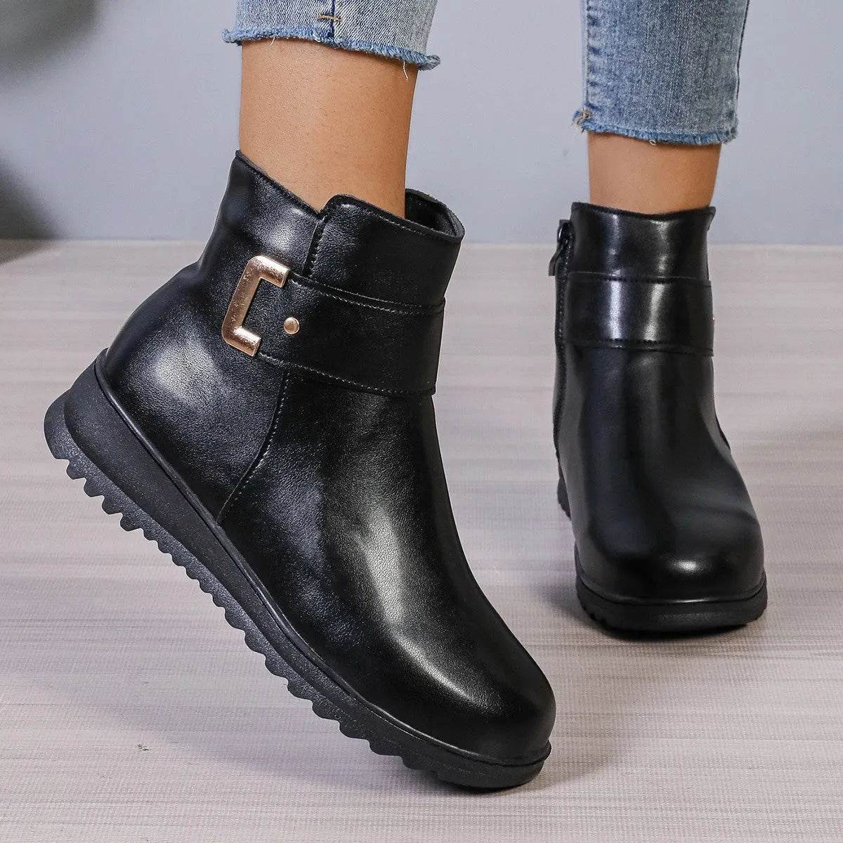Winter Fleece Boots With Side Zipper Design Fashion Simple Non-slip Ankle Boots For Women Warm Pu Leather Shoes - www.Shopthatapp.com
