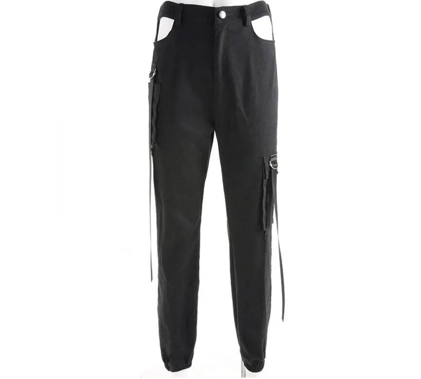 Women Black High Waist Pencil Pants Pockets Patckwork Hollow Out Pants Fashion Women Streetwear Cargo Pants Women Pants - www.Shopthatapp.com