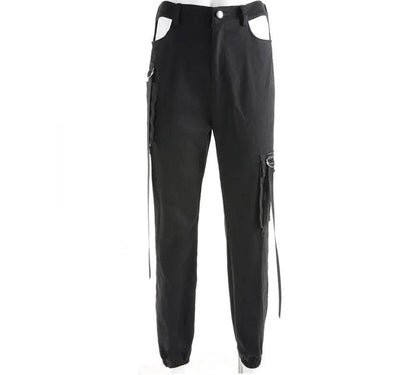 Women Black High Waist Pencil Pants Pockets Patckwork Hollow Out Pants Fashion Women Streetwear Cargo Pants Women Pants - www.Shopthatapp.com