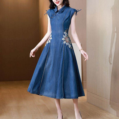 New Modified Version Denim Jeans Flared Midi Dress Female Machine Embroidery Retro - www.Shopthatapp.com