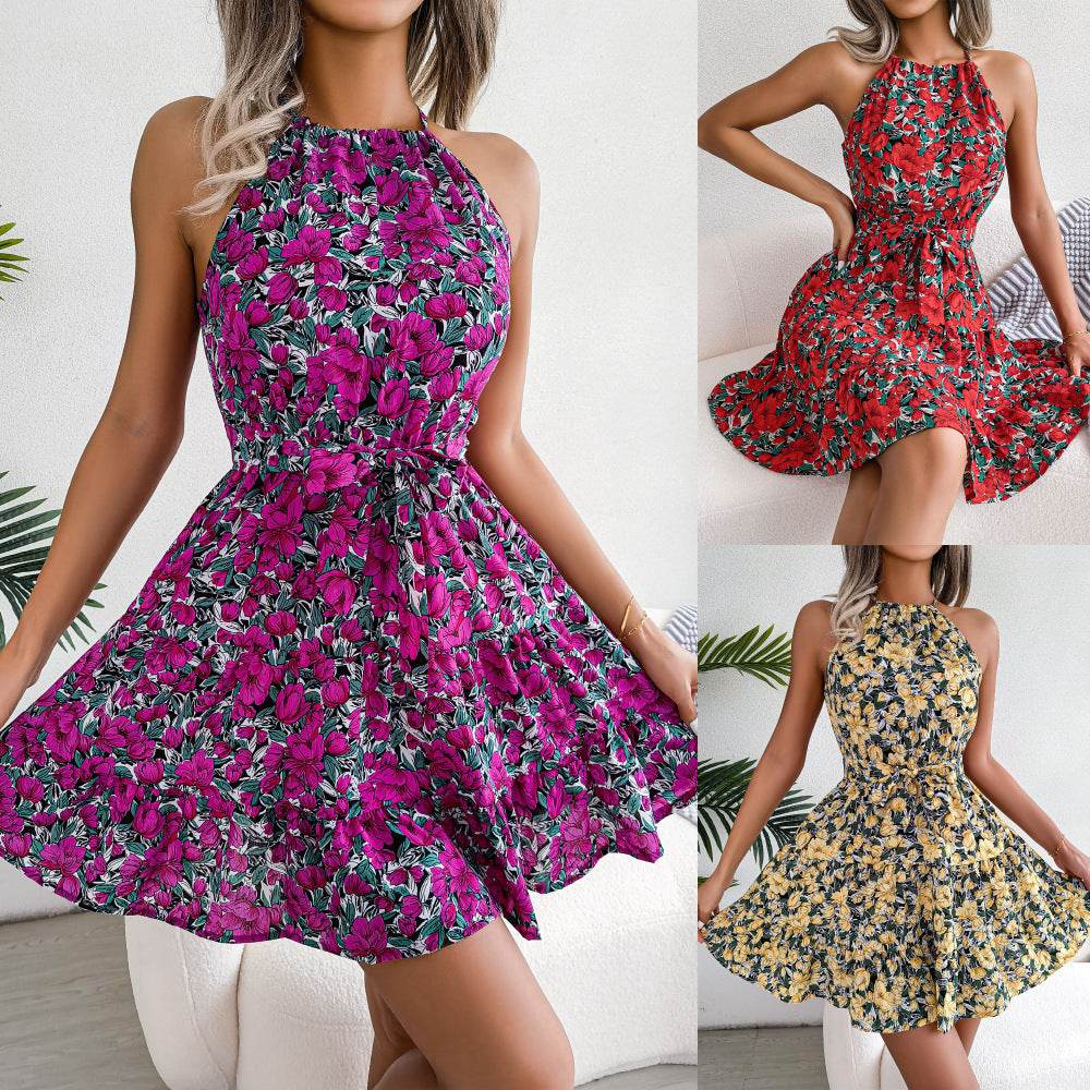 Casual Spring Summer Tie Belt Halter neck Swing Floral mini dress - www.Shopthatapp.com