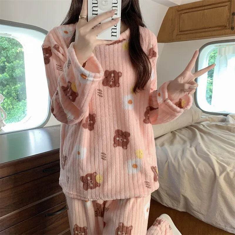 2pcs Women's Fall Winter Warm Pajamas Sets Coral Long Sleeve Cute Cartoon Bear Sleepwear Nightclothes - www.Shopthatapp.com
