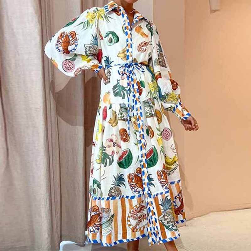 Print Holiday Women Beach Dress With Belts A-Line Long Lantern Sleeve Single Breasted Lapel Seaside Dresses Robe - www.Shopthatapp.com
