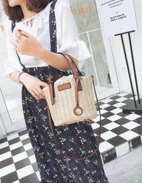Women's bag hand-woven contrast color bucket straw bag cylinder handbag diagonal shoulder beach bag - www.Shopthatapp.com