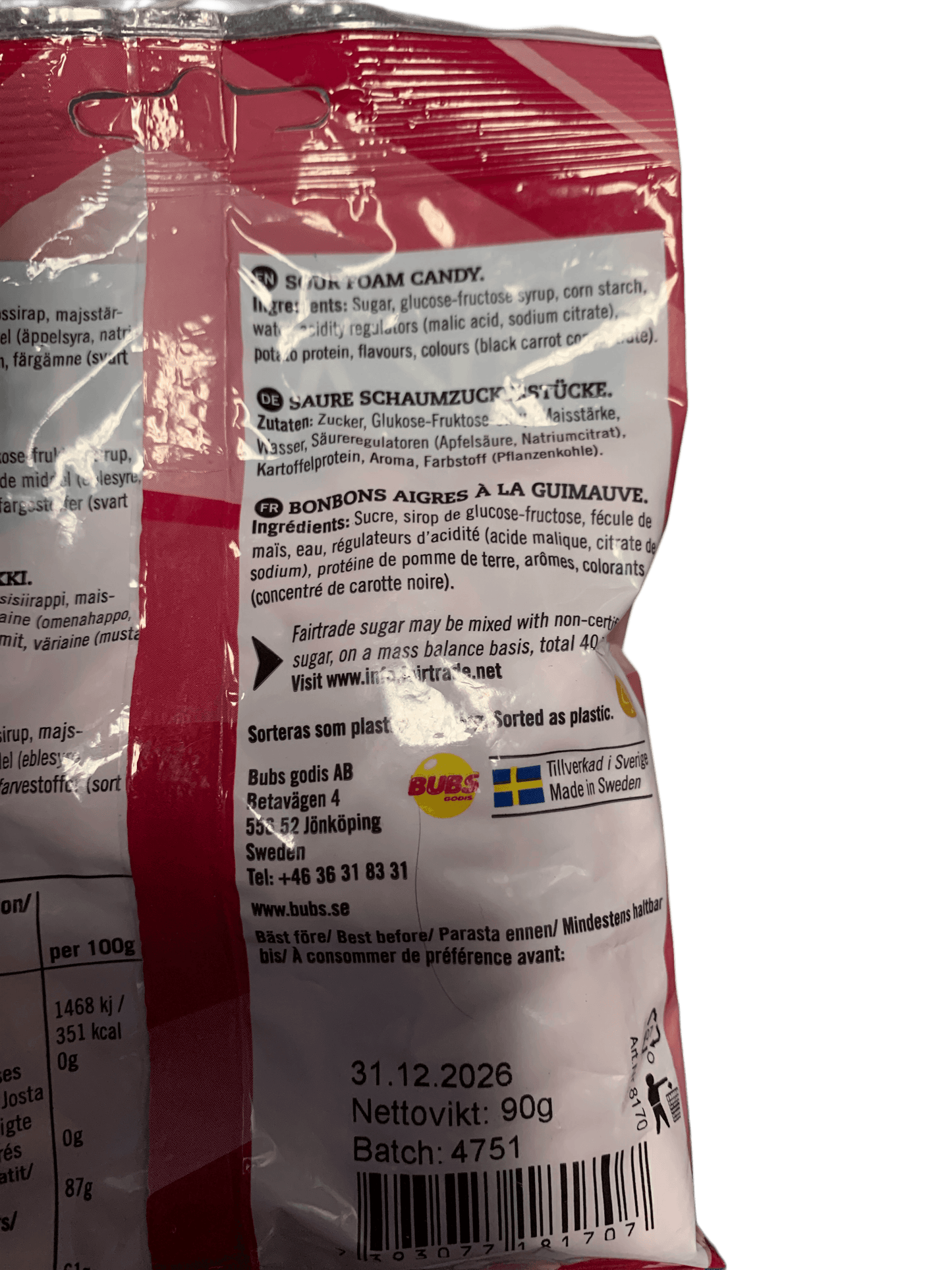 BUBS Godis Cool Hallon SKALLE Skum Candy Bag 90G - Swedish Edition - www.Shopthatapp.com