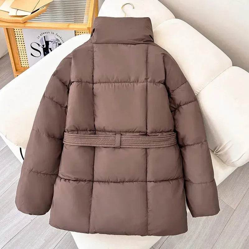 Winter Plaid Sewing Lapel Coat With Lace-up Design Fashion Loose Solid Thick Jacket Outerwear Women's Clothing - www.Shopthatapp.com