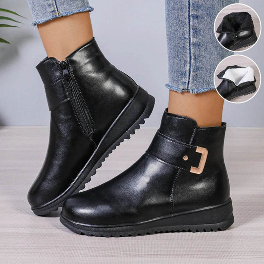 Winter Fleece Boots With Side Zipper Design Fashion Simple Non-slip Ankle Boots For Women Warm Pu Leather Shoes - www.Shopthatapp.com