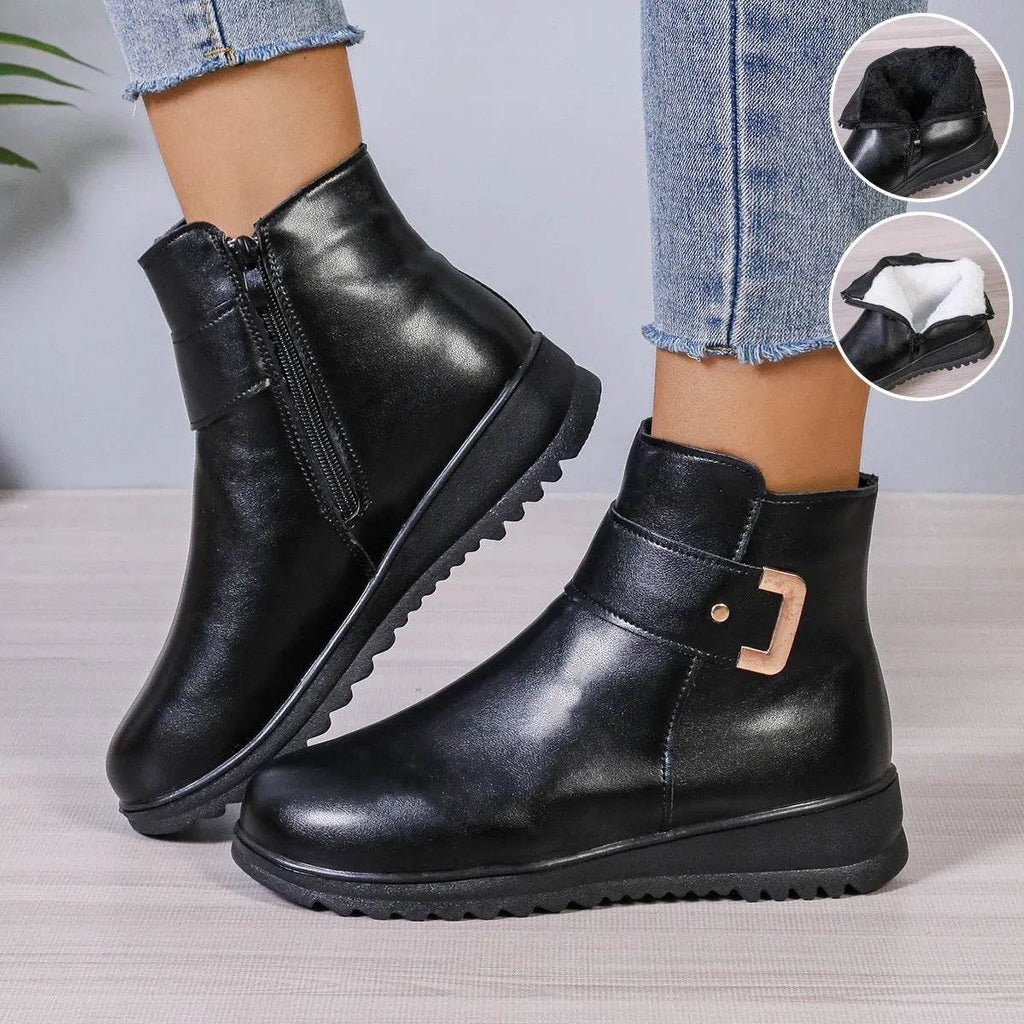 Winter Fleece Boots With Side Zipper Design Fashion Simple Non-slip Ankle Boots For Women Warm Pu Leather Shoes - www.Shopthatapp.com