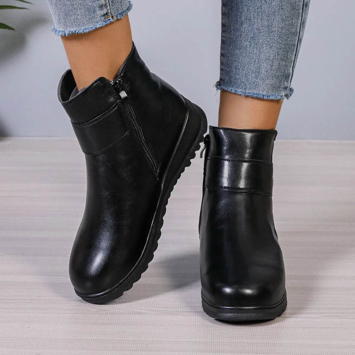 Winter Fleece Boots With Side Zipper Design Fashion Simple Non-slip Ankle Boots For Women Warm Pu Leather Shoes - www.Shopthatapp.com