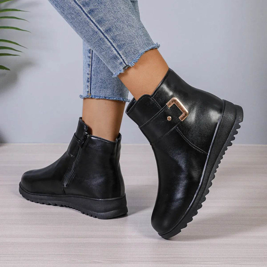 Winter Fleece Boots With Side Zipper Design Fashion Simple Non-slip Ankle Boots For Women Warm Pu Leather Shoes - www.Shopthatapp.com
