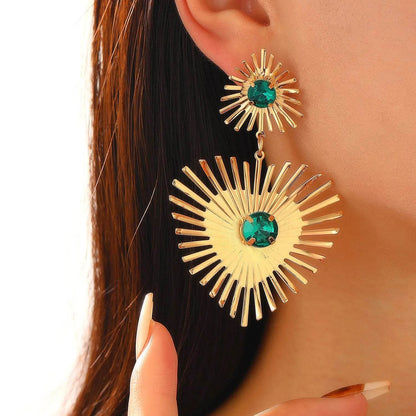 Bohemian Sunflower Heart-shaped Earrings Rhinestone Exaggerated Chandelier earring - www.Shopthatapp.com