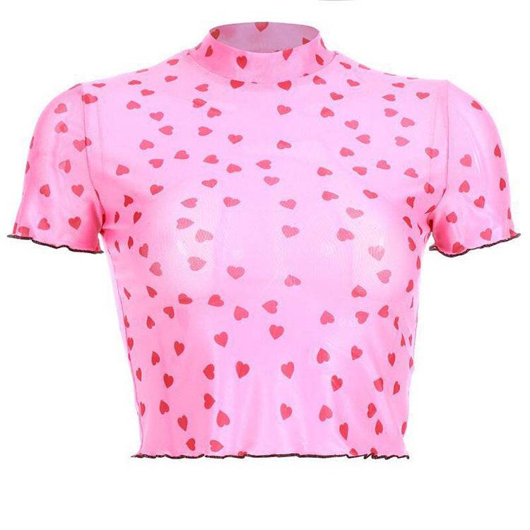 Nibber new Women Heart-shaped Print Pink see-through Tops Tee summer fashion wild Elastic Slim Soft O-Neck short sleeve Tank top - www.Shopthatapp.com