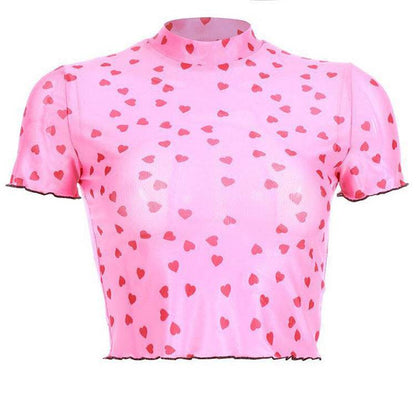 Nibber new Women Heart-shaped Print Pink see-through Tops Tee summer fashion wild Elastic Slim Soft O-Neck short sleeve Tank top - www.Shopthatapp.com