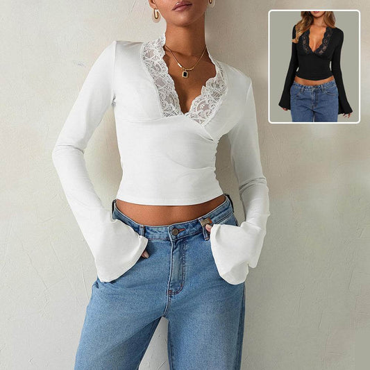 Slim V-neck Lace Ins Fashion Trumpet Sleeve Long-sleeved tank Top Women Clothing - www.Shopthatapp.com