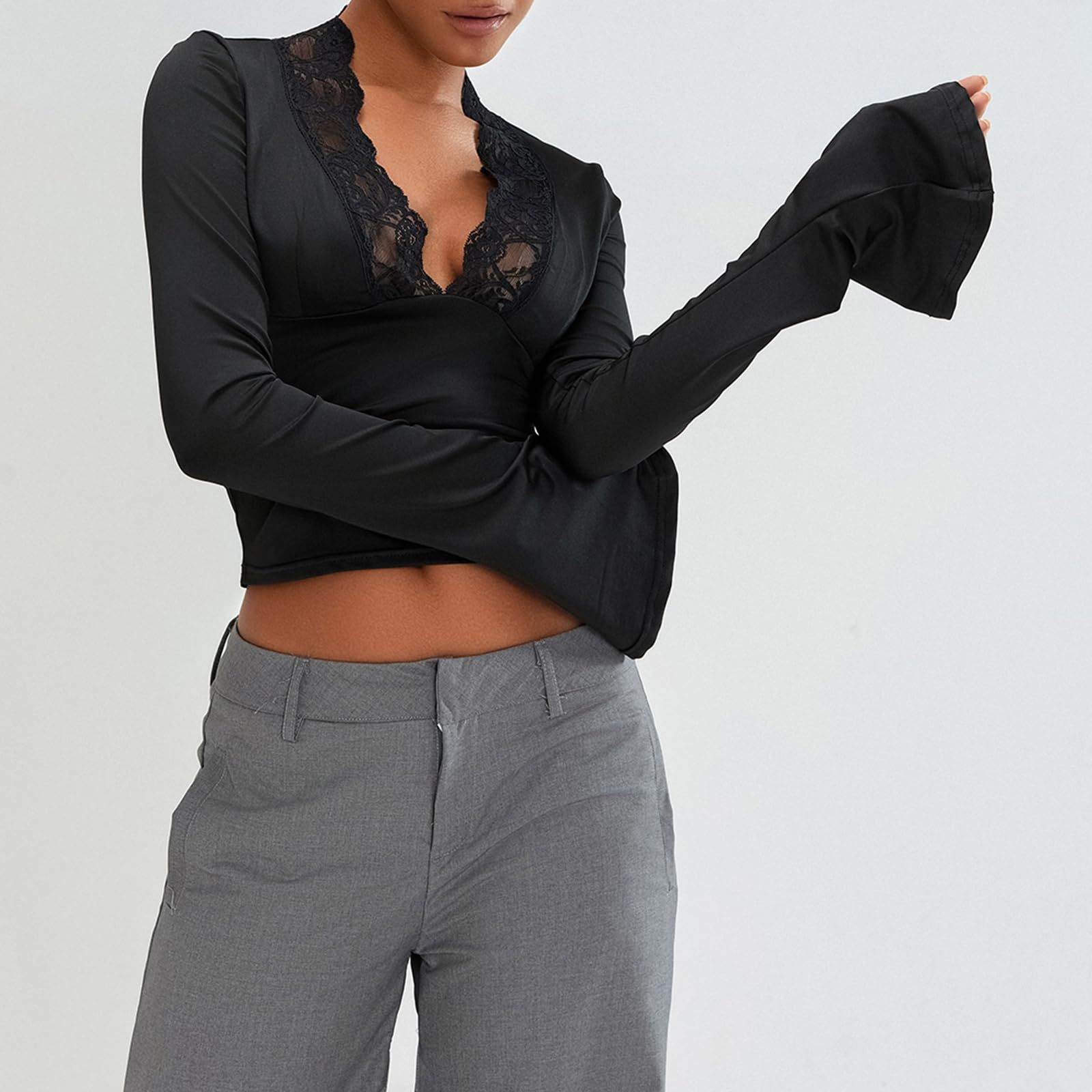 Slim V-neck Lace Ins Fashion Trumpet Sleeve Long-sleeved tank Top Women Clothing - www.Shopthatapp.com