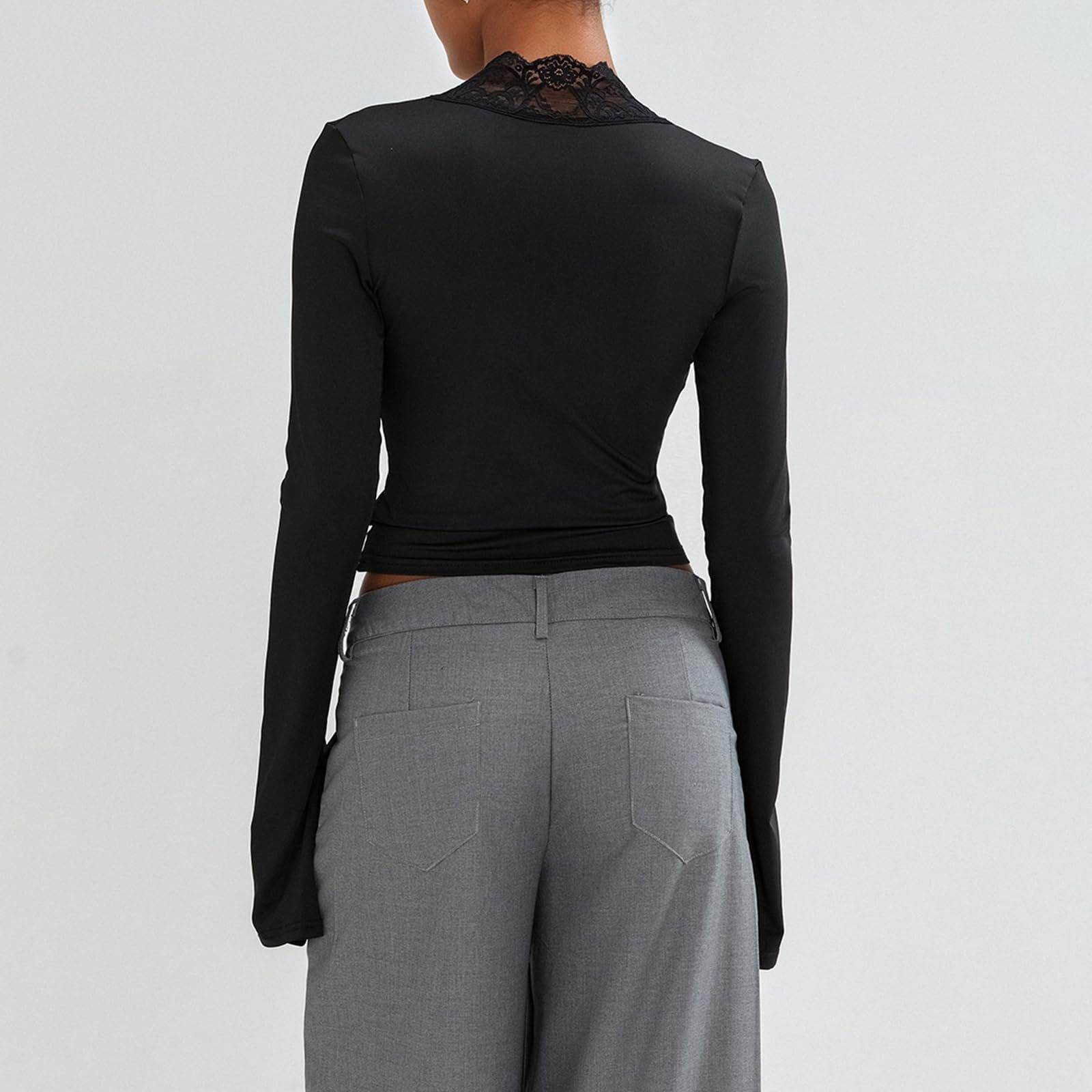 Slim V-neck Lace Ins Fashion Trumpet Sleeve Long-sleeved tank Top Women Clothing - www.Shopthatapp.com