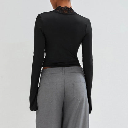 Slim V-neck Lace Ins Fashion Trumpet Sleeve Long-sleeved tank Top Women Clothing - www.Shopthatapp.com