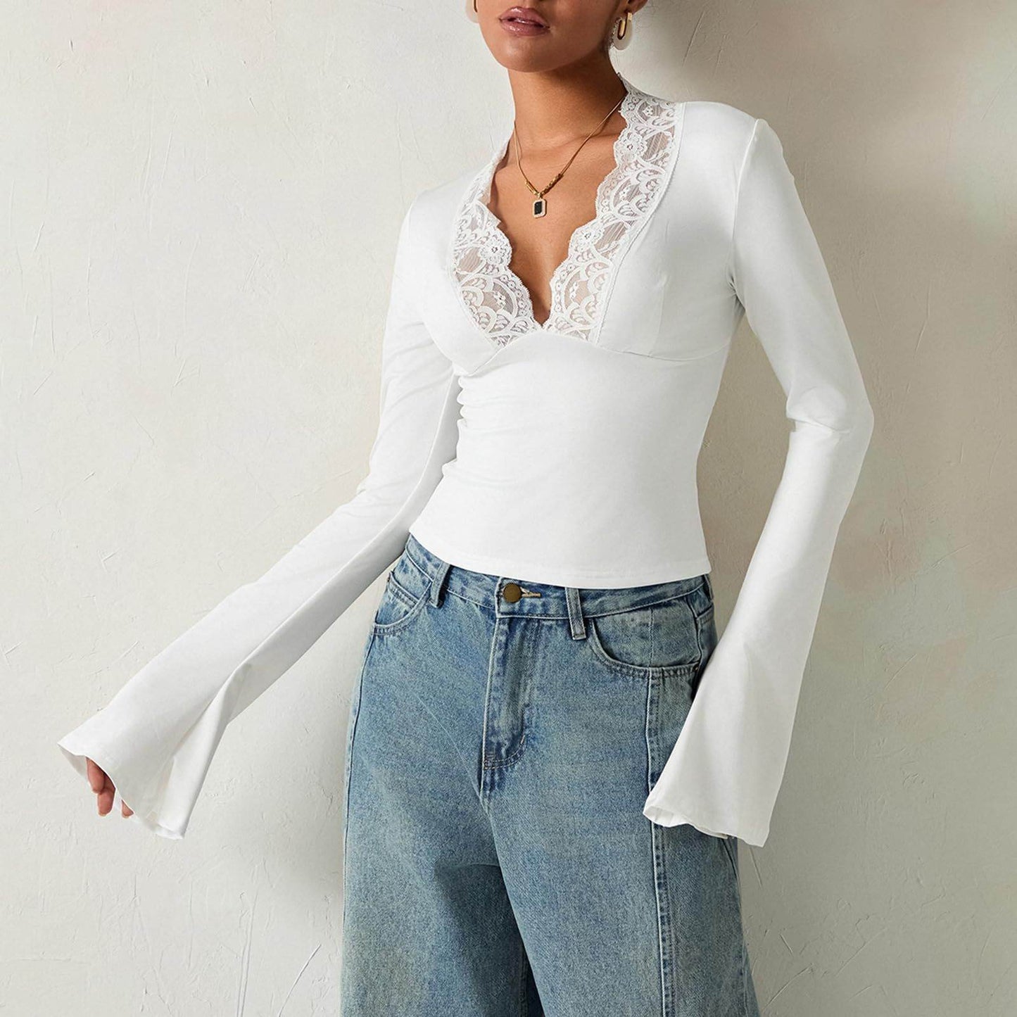 Slim V-neck Lace Ins Fashion Trumpet Sleeve Long-sleeved tank Top Women Clothing - www.Shopthatapp.com