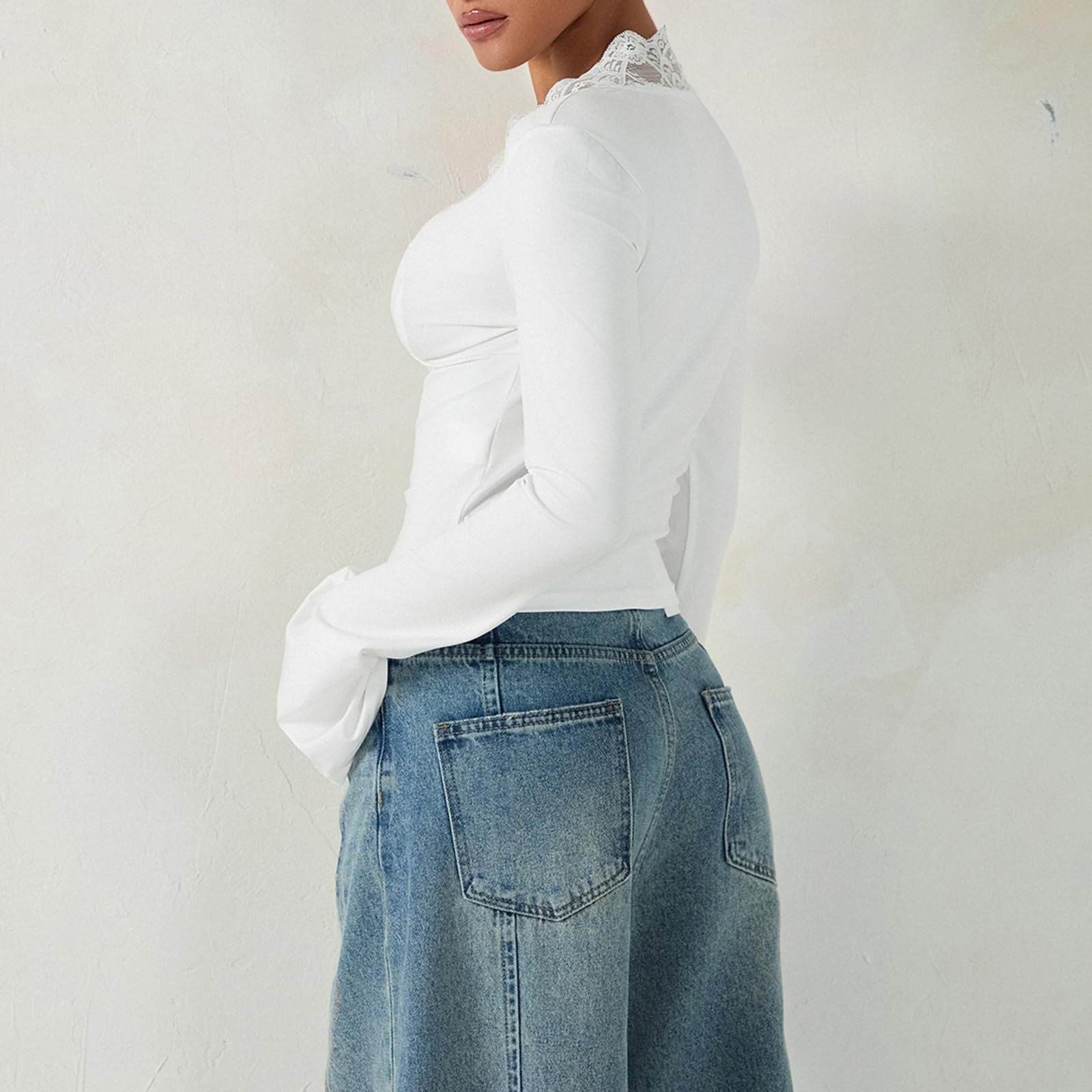 Slim V-neck Lace Ins Fashion Trumpet Sleeve Long-sleeved tank Top Women Clothing - www.Shopthatapp.com