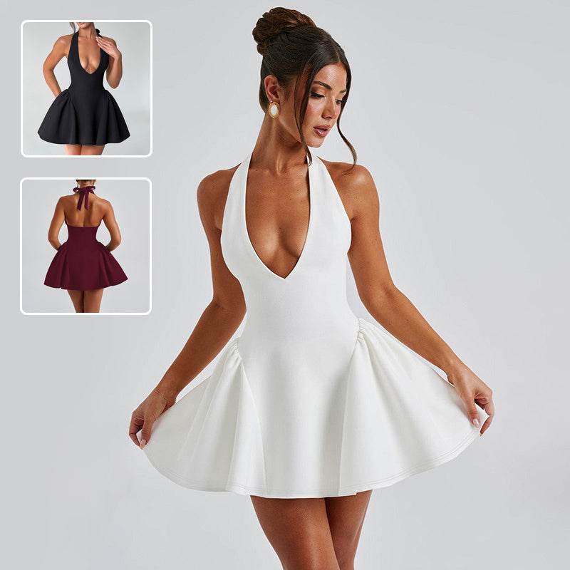 Elegant Ladies Deep V-neck flared Halter Neck Mini dress for Party Club Date - www.Shopthatapp.com