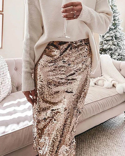 Sequined Glittering Hip A Line Pencil Midi Skirt - www.Shopthatapp.com