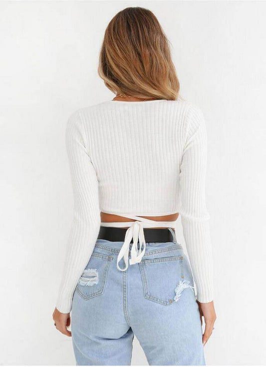 Sexy Women Ladies Summer Slim Crop Tops Long Sleeve T Shirt Casual Solid V Neck Knitted Short Tops - www.Shopthatapp.com