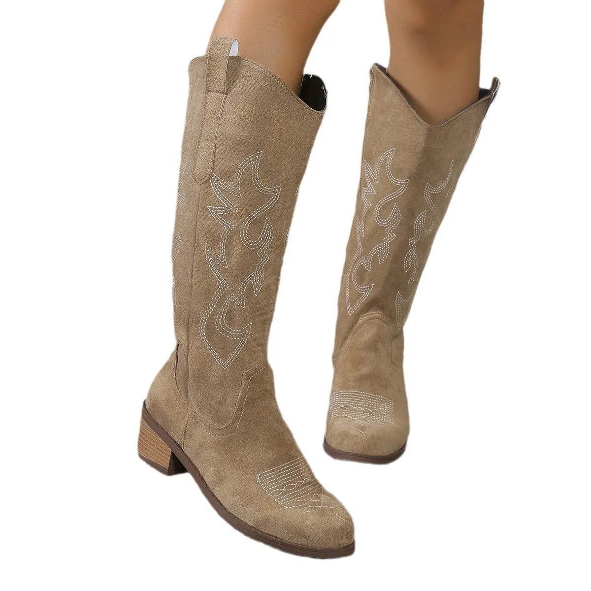 Women's Retro Pointed Toe Chunky Heel Solid Color Side Zipper Mid-calf Cowboy Boot - www.Shopthatapp.com