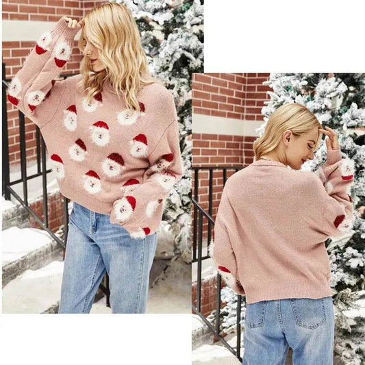 Christmas Sweater Women Cute Cartoon Santa Print Knit Sweater Winter Tops - www.Shopthatapp.com