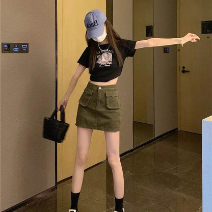 Workwear Denim Skirt Women's A- Line High Waist Mini Cargo Skirt - www.Shopthatapp.com
