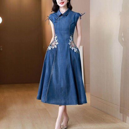 New Modified Version Denim Jeans Flared Midi Dress Female Machine Embroidery Retro - www.Shopthatapp.com