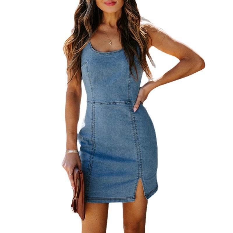 Women's  hot sleeveless Jeans Denim Mini fitted Dress Women's Tight Back side split - www.Shopthatapp.com