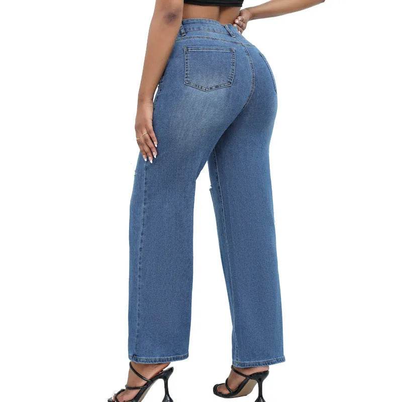 Elegant Ripped Wide-leg Baggy Jeans Pant Women - www.Shopthatapp.com