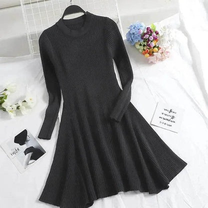 Autumn Winter Round neck Slim fit Mini Flared Sweater Dress - www.Shopthatapp.com