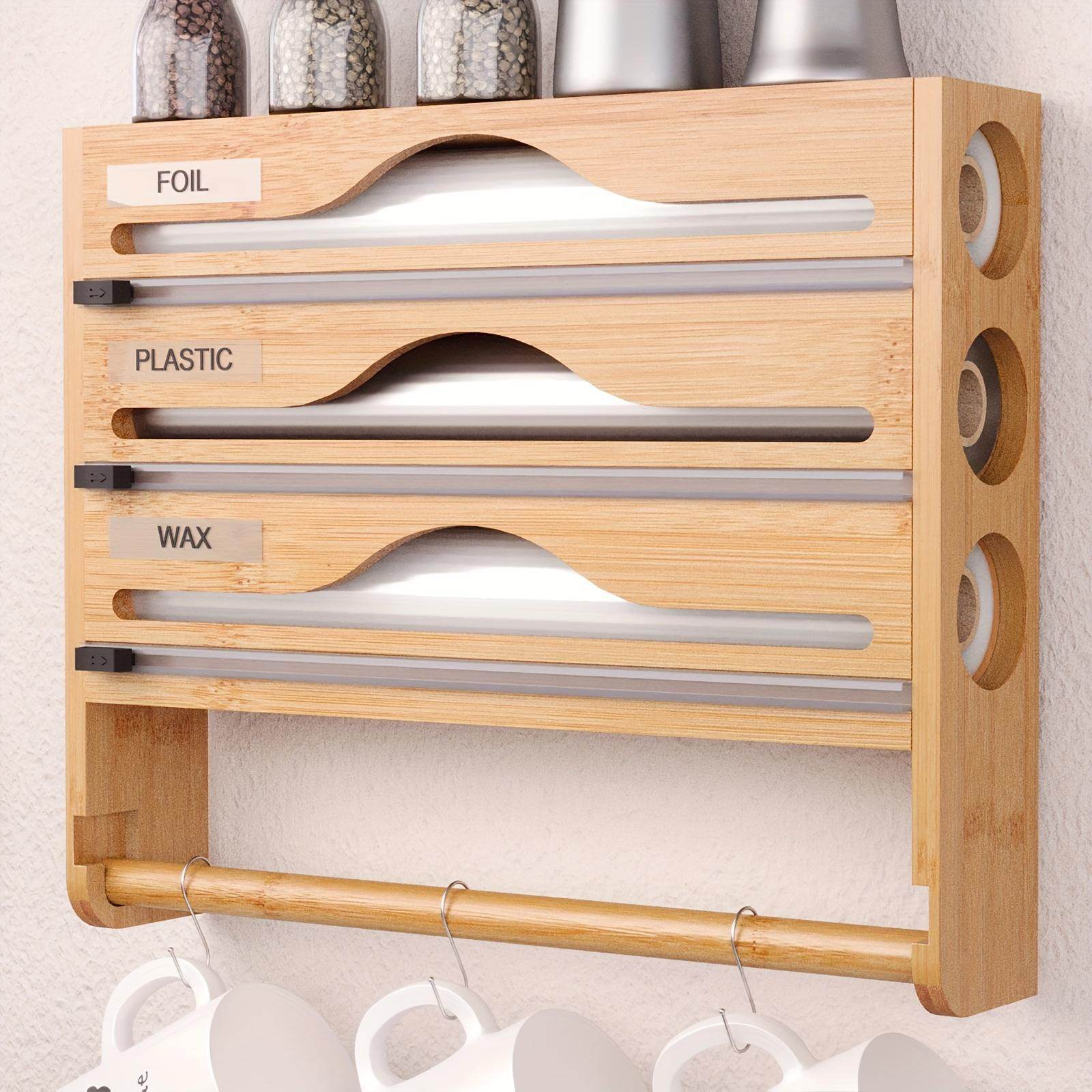 3 grid Bamboo Wood Wall Mounted Food Wrap Dispenser - www.Shopthatapp.com