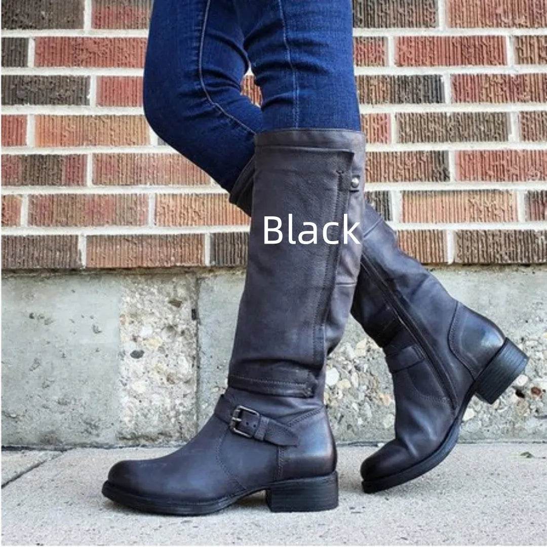 Round Toe Low Heel High Leg Boot - www.Shopthatapp.com