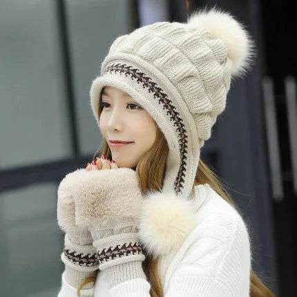Women Cozy Knit Fleece-Feel Beanie With Ear Flaps Winter Hat Perfect For Skiing & Outdoor Activities - www.Shopthatapp.com