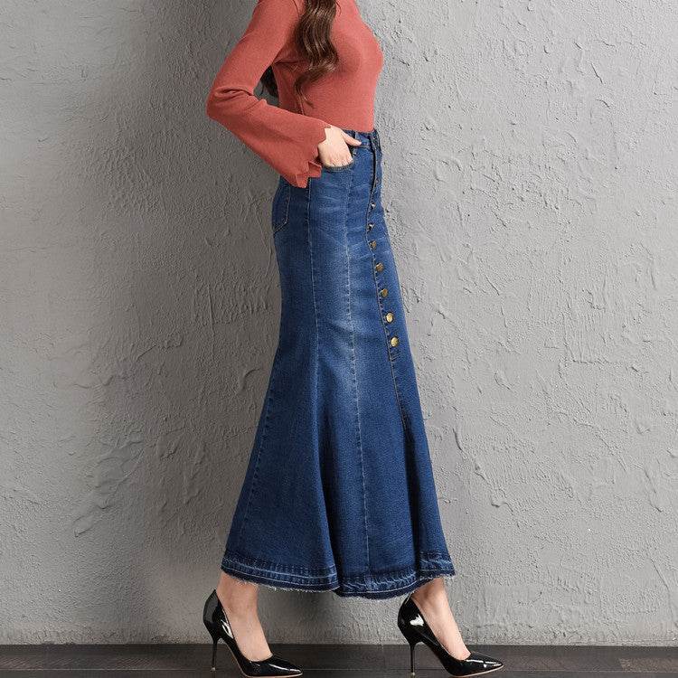 New Fashion Fitted Button up Mermaid Midi Denim Skirt - www.Shopthatapp.com
