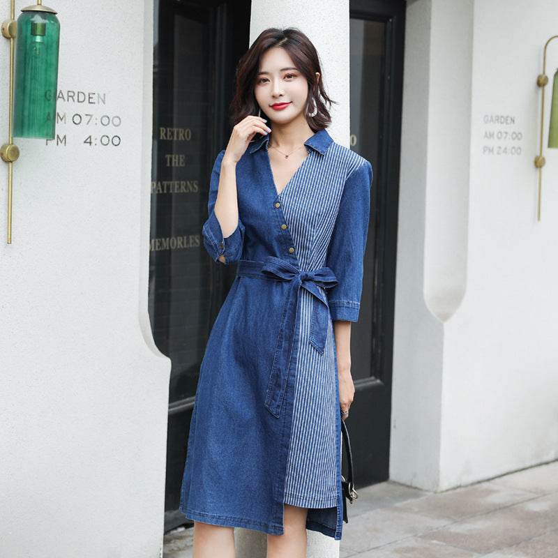 Casual Fashion Slim denim Wrap dress - www.Shopthatapp.com