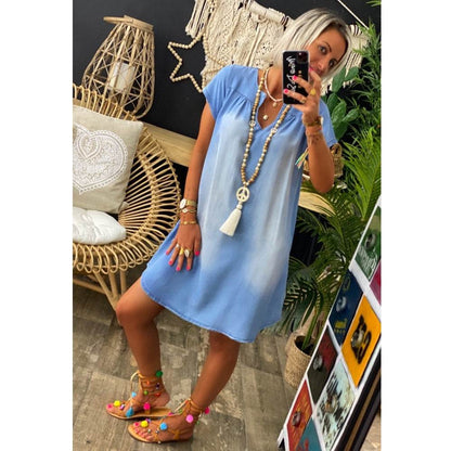 Round Neck Pleated Loose Solid Color Casual Plus Size Denim Dress - www.Shopthatapp.com