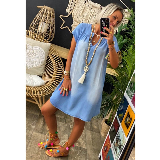 Round Neck Pleated Loose Solid Color Casual Plus Size Denim Dress - www.Shopthatapp.com