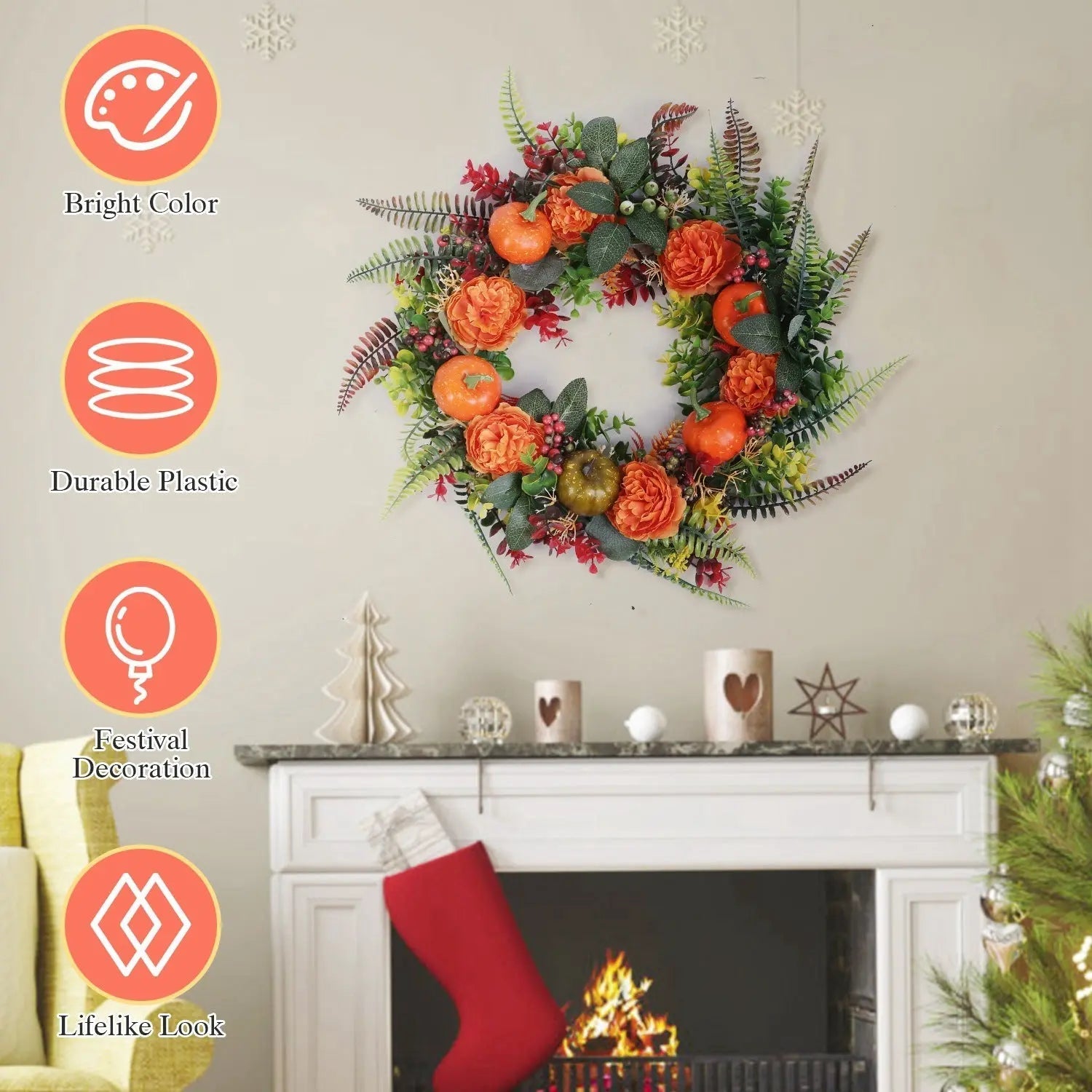 1Pc 17.71IN Autumn Wreath With Pumpkin Mixed Leaves Berries Flowers Fall Decoration For Indoor Outdoor Window Wall Front Door In Halloween Thanks Giving Day - www.Shopthatapp.com