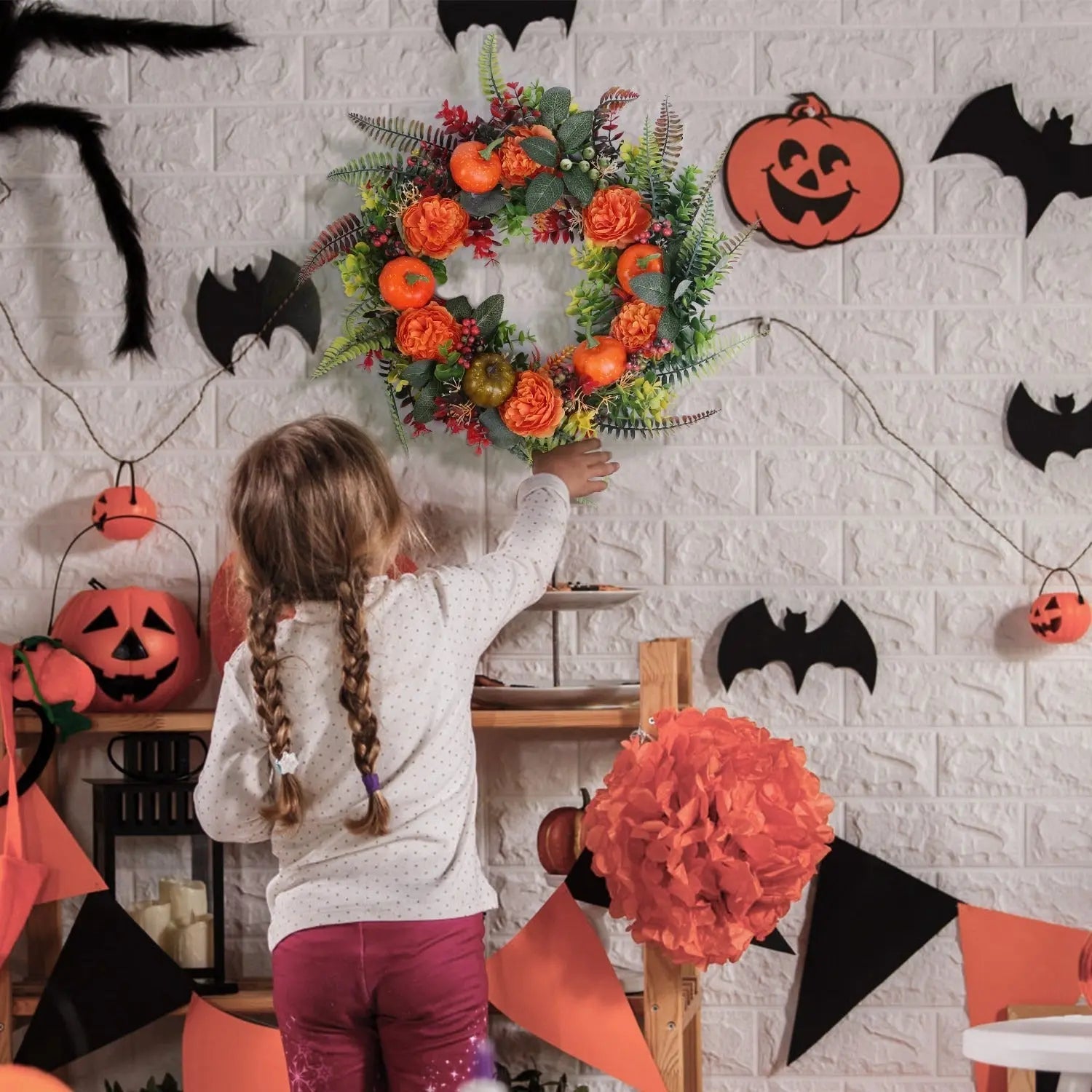 1Pc 17.71IN Autumn Wreath With Pumpkin Mixed Leaves Berries Flowers Fall Decoration For Indoor Outdoor Window Wall Front Door In Halloween Thanks Giving Day - www.Shopthatapp.com