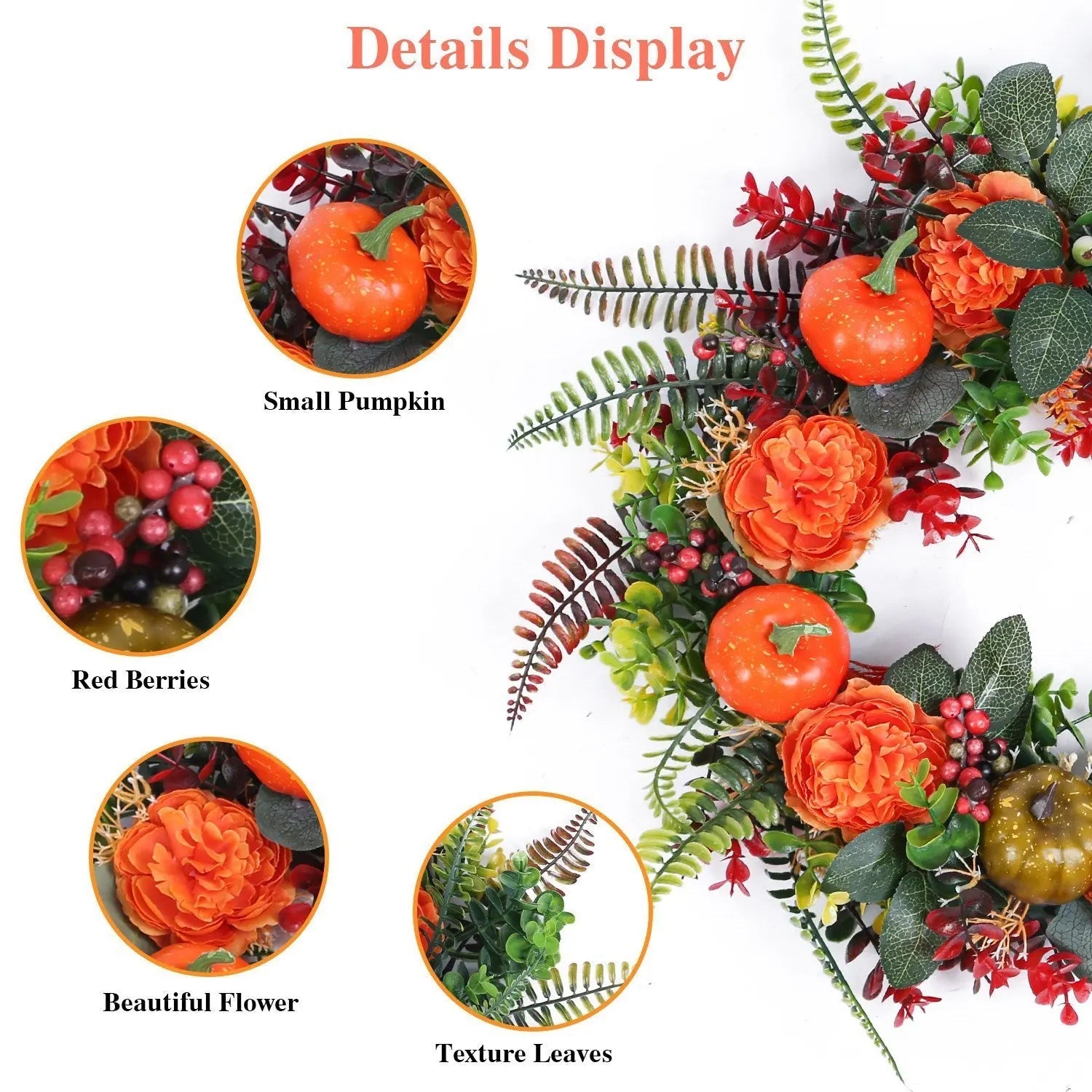 1Pc 17.71IN Autumn Wreath With Pumpkin Mixed Leaves Berries Flowers Fall Decoration For Indoor Outdoor Window Wall Front Door In Halloween Thanks Giving Day - www.Shopthatapp.com