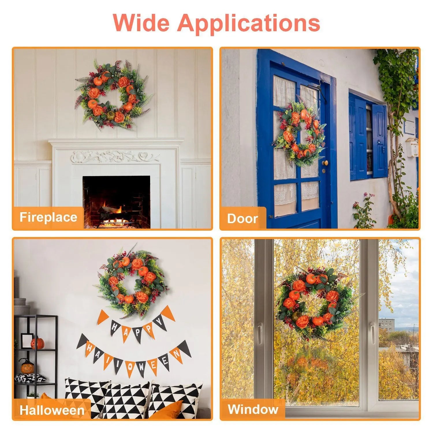 1Pc 17.71IN Autumn Wreath With Pumpkin Mixed Leaves Berries Flowers Fall Decoration For Indoor Outdoor Window Wall Front Door In Halloween Thanks Giving Day - www.Shopthatapp.com