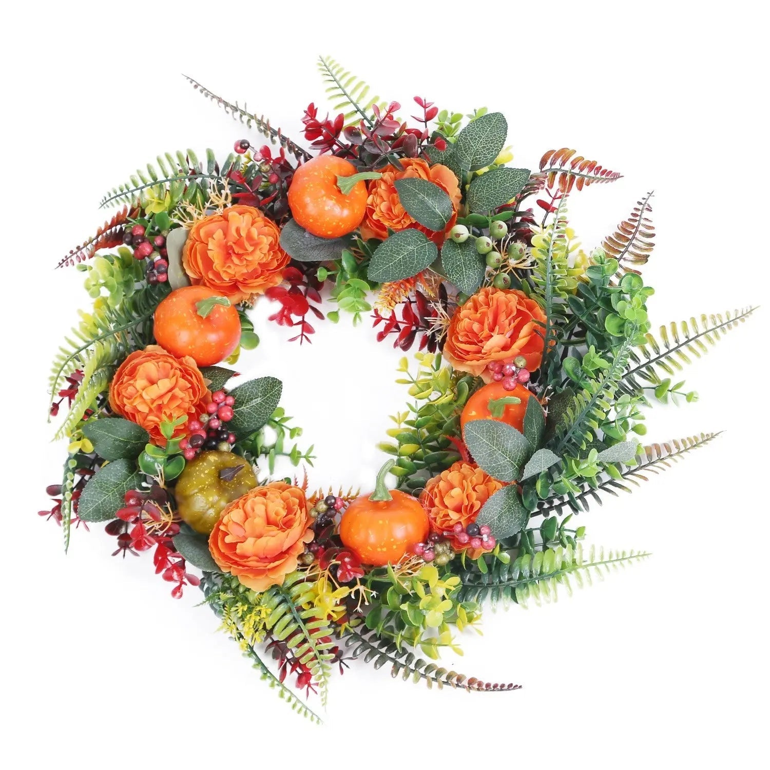 1Pc 17.71IN Autumn Wreath With Pumpkin Mixed Leaves Berries Flowers Fall Decoration For Indoor Outdoor Window Wall Front Door In Halloween Thanks Giving Day - www.Shopthatapp.com